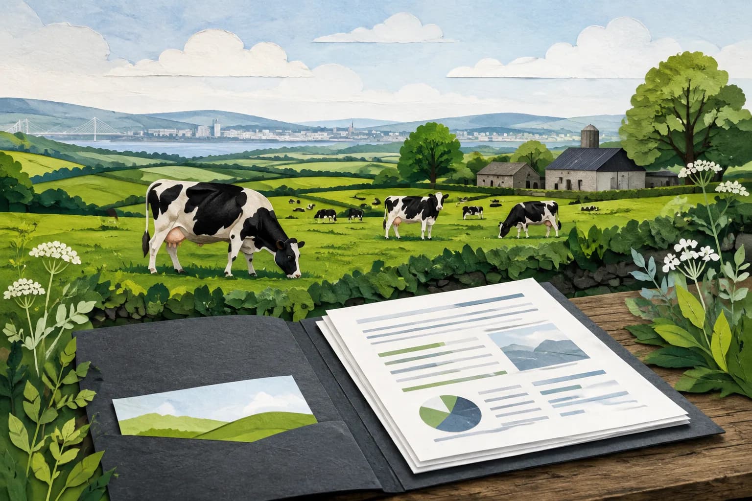 Editorial illustration of dairy cattle in pasture beside an agriculture policy folder