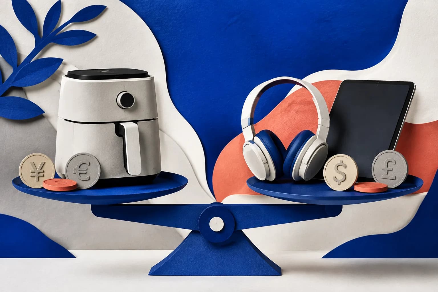 Editorial illustration of consumer electronics and currency coins on a balance