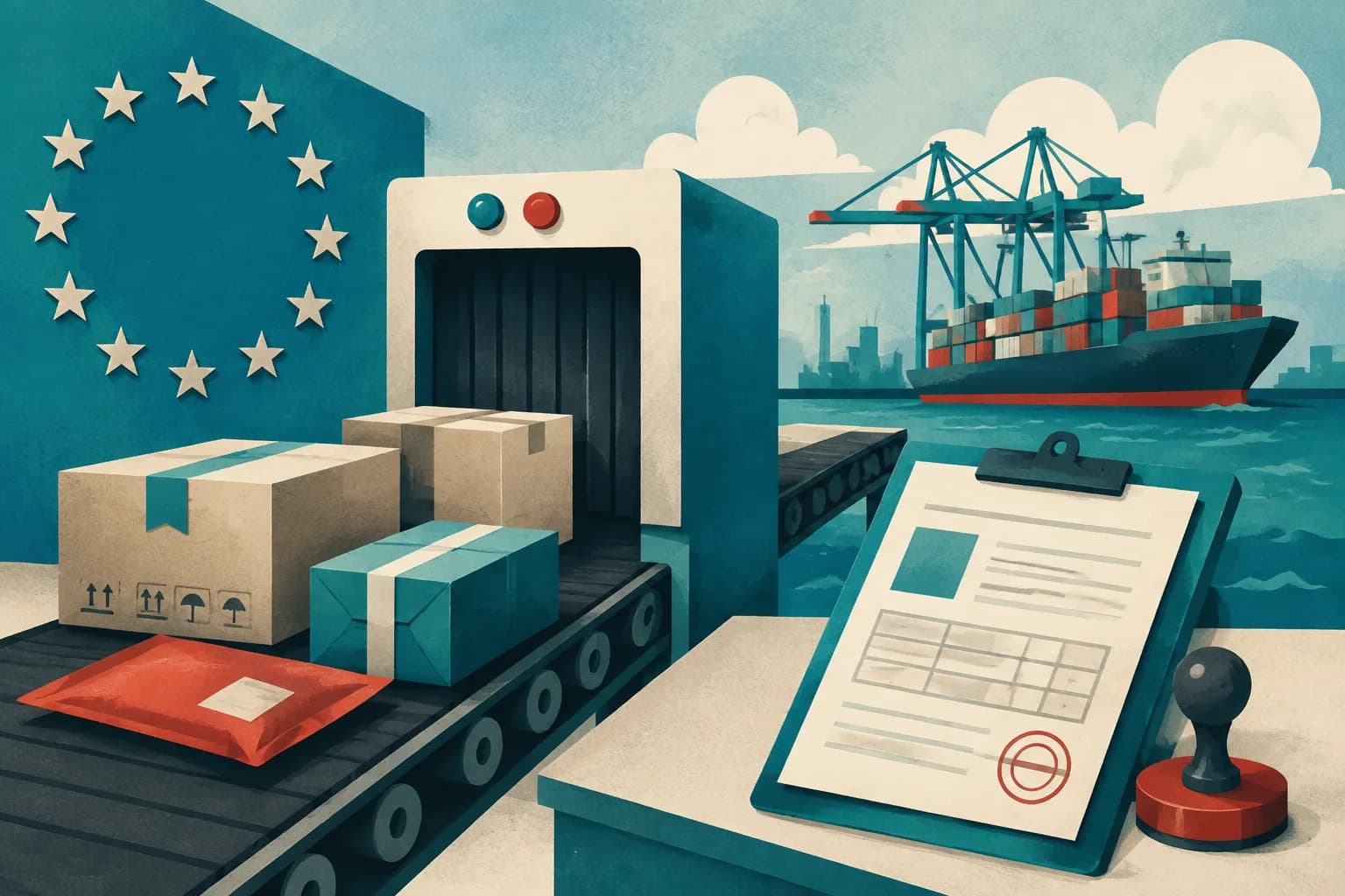 Editorial illustration of parcels passing a customs checkpoint beside a container port