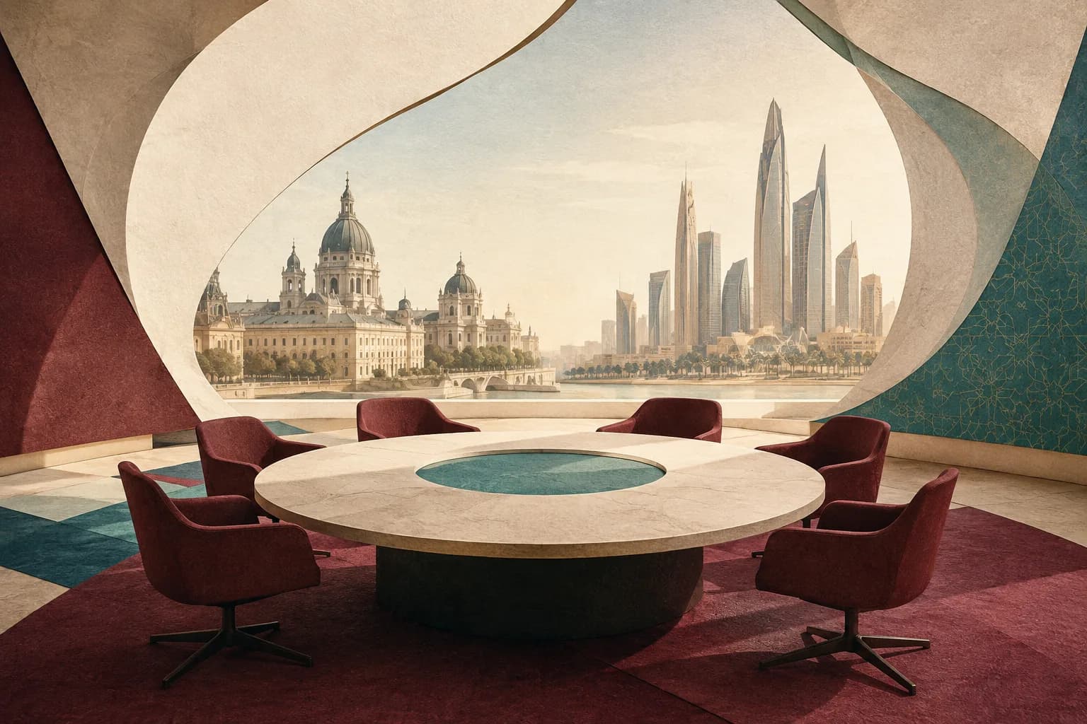 Conceptual illustration of an empty diplomatic roundtable and European and Gulf architecture; not an actual venue