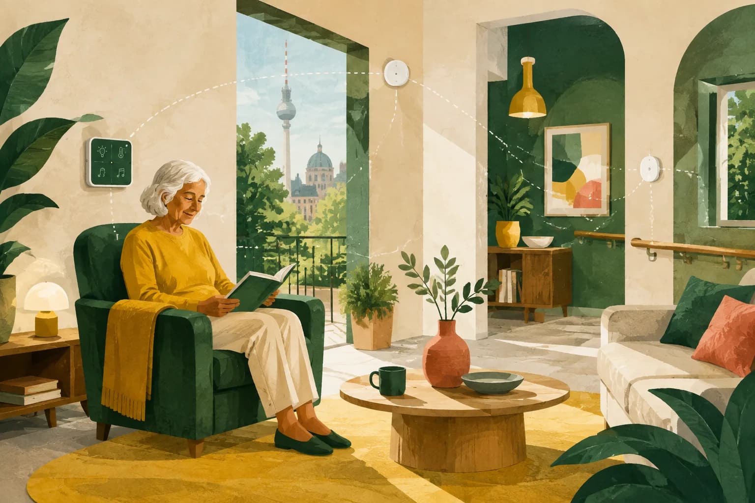 Editorial illustration of an older adult reading in an accessible connected home