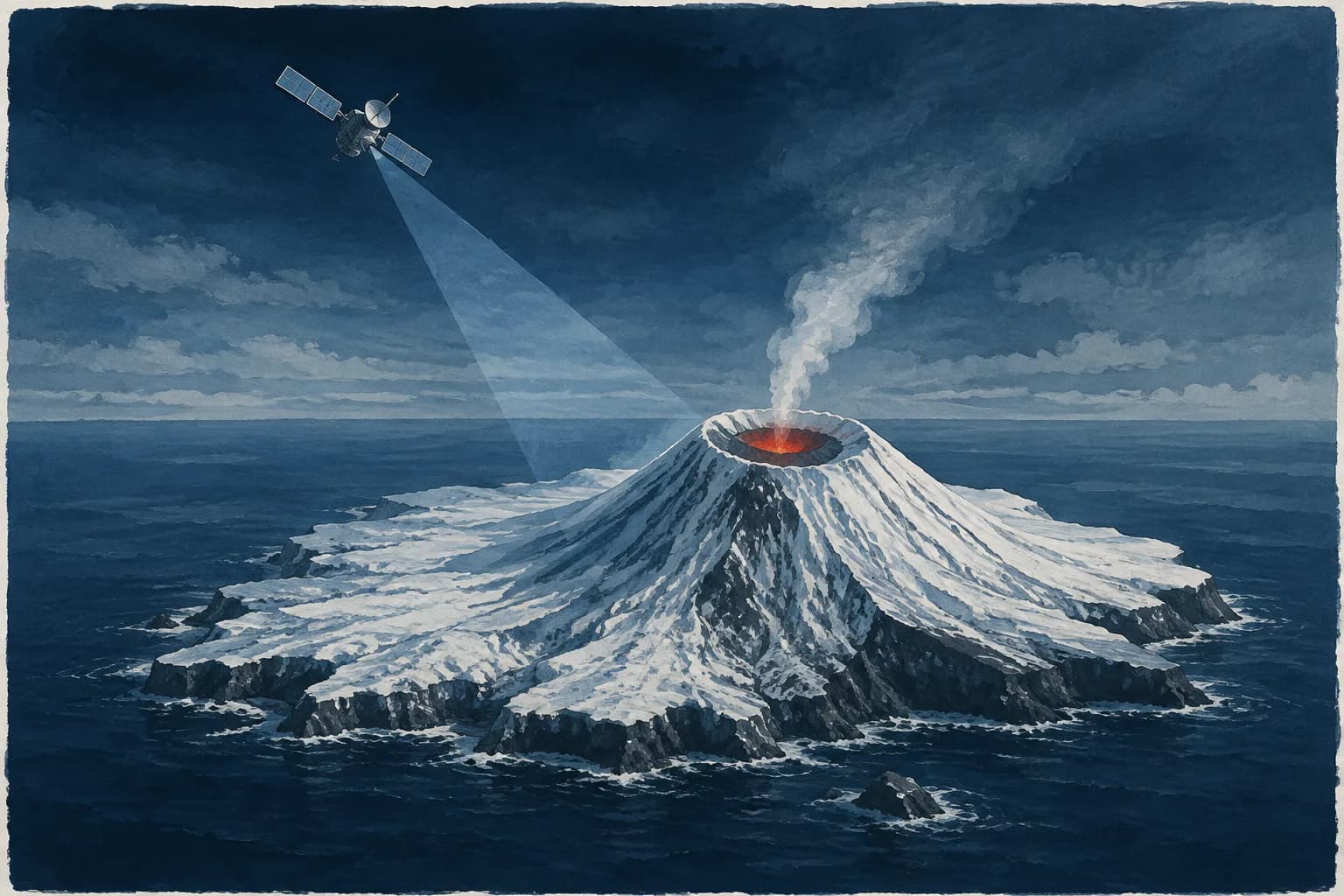 Conceptual illustration of a satellite monitoring a snow-covered volcanic island; not satellite data