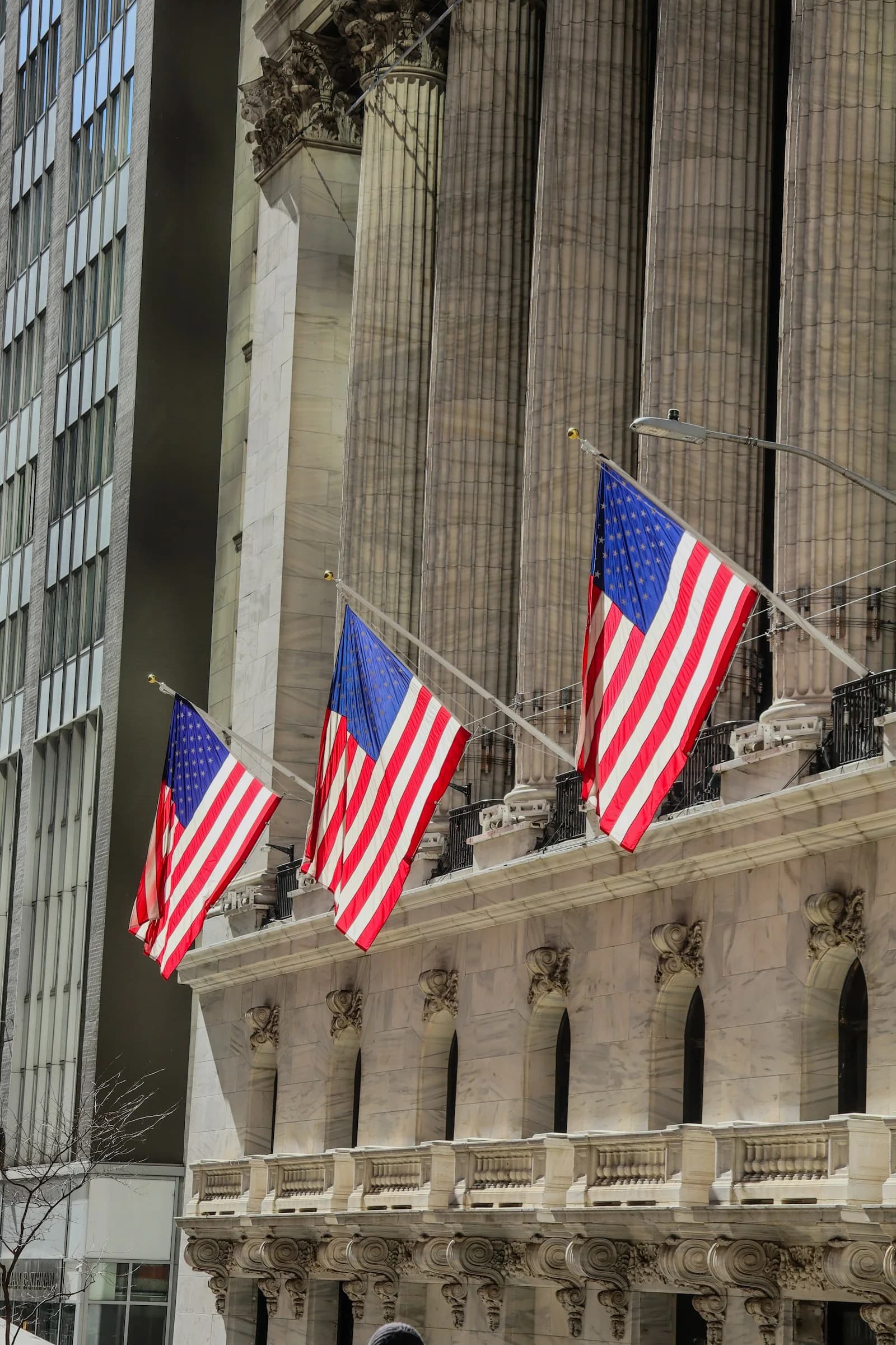 American flags on the New York Stock Exchange building