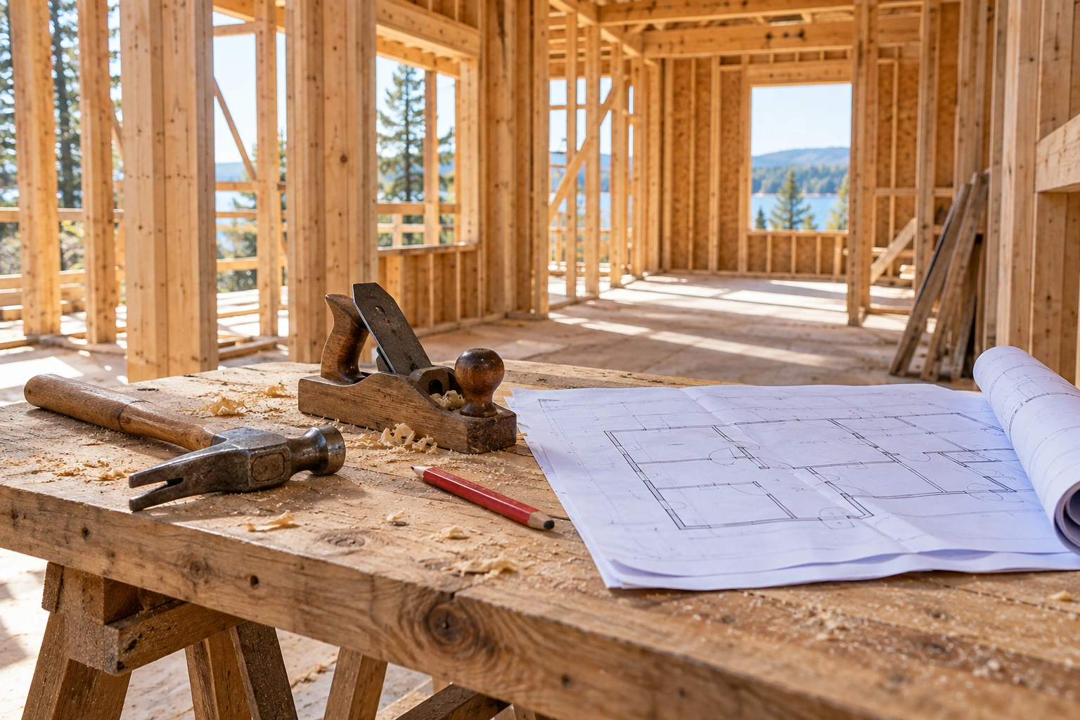 Concept illustration of construction tools and timber framing