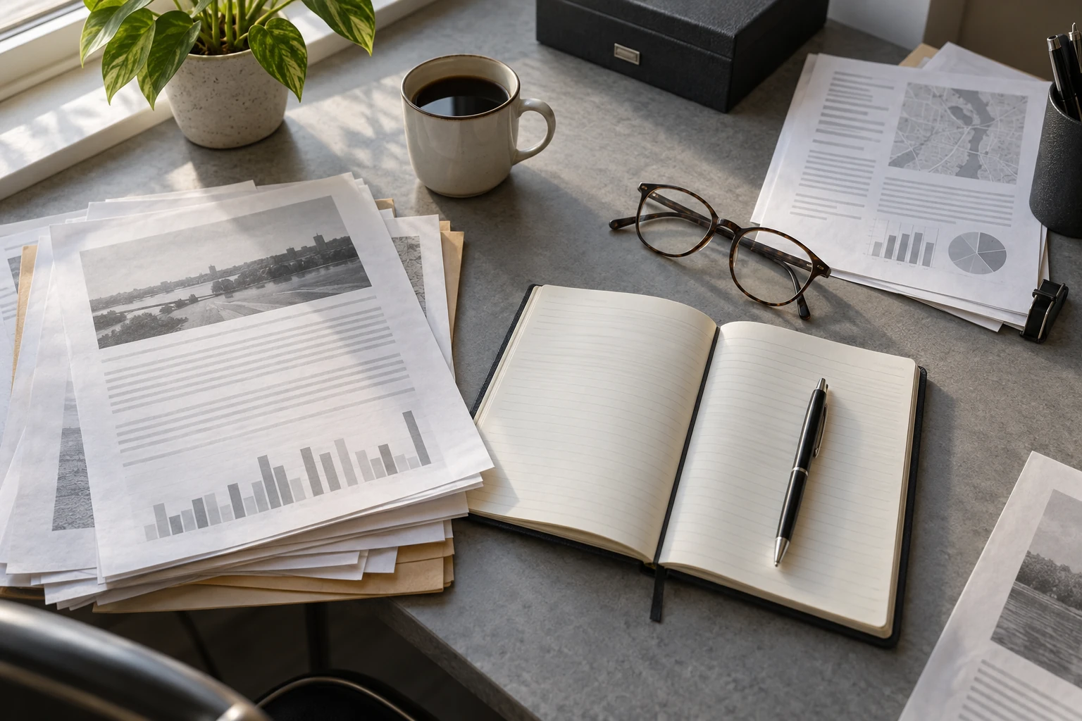 Concept illustration of documents on a research desk