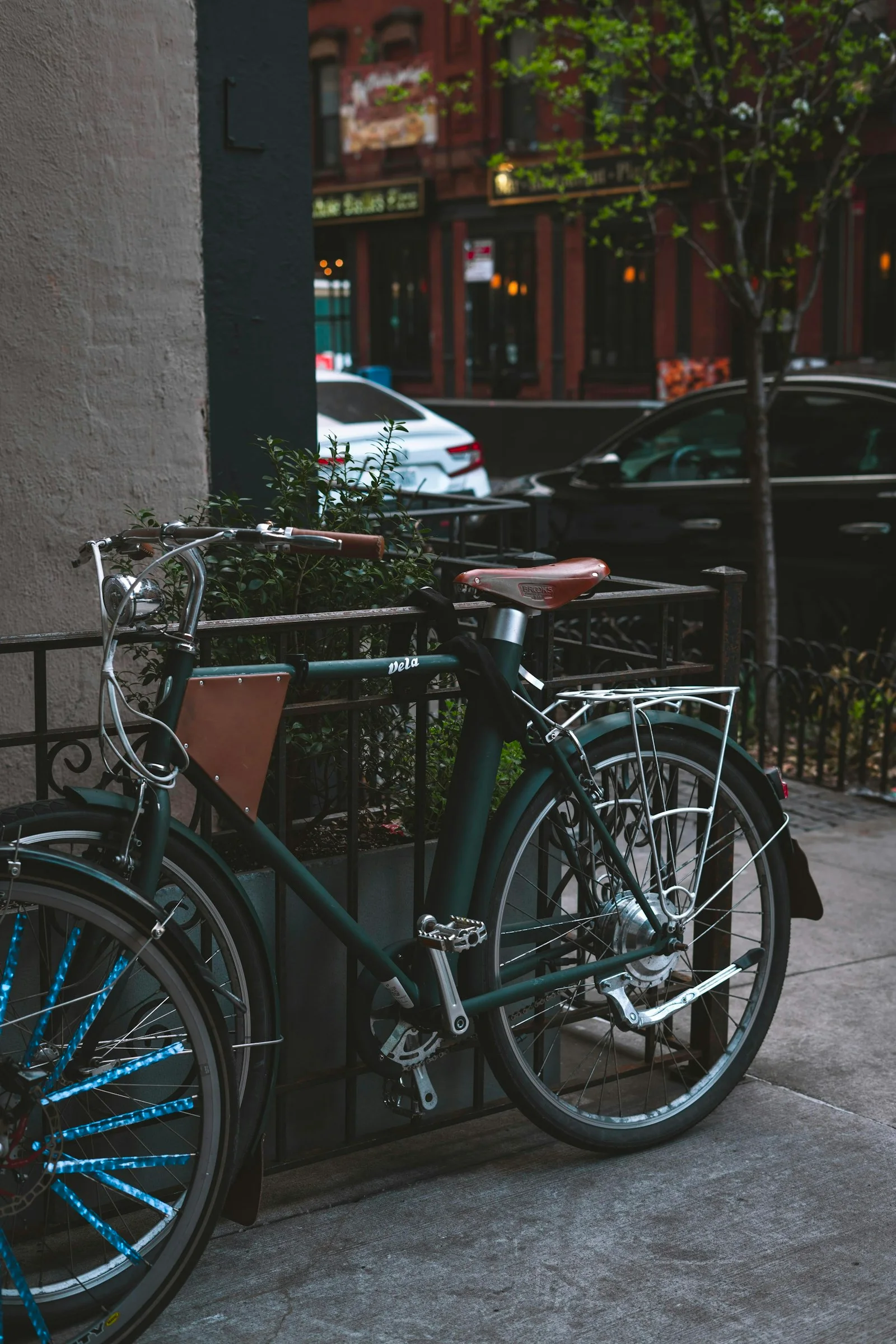 A bicycle parked along a street in New York