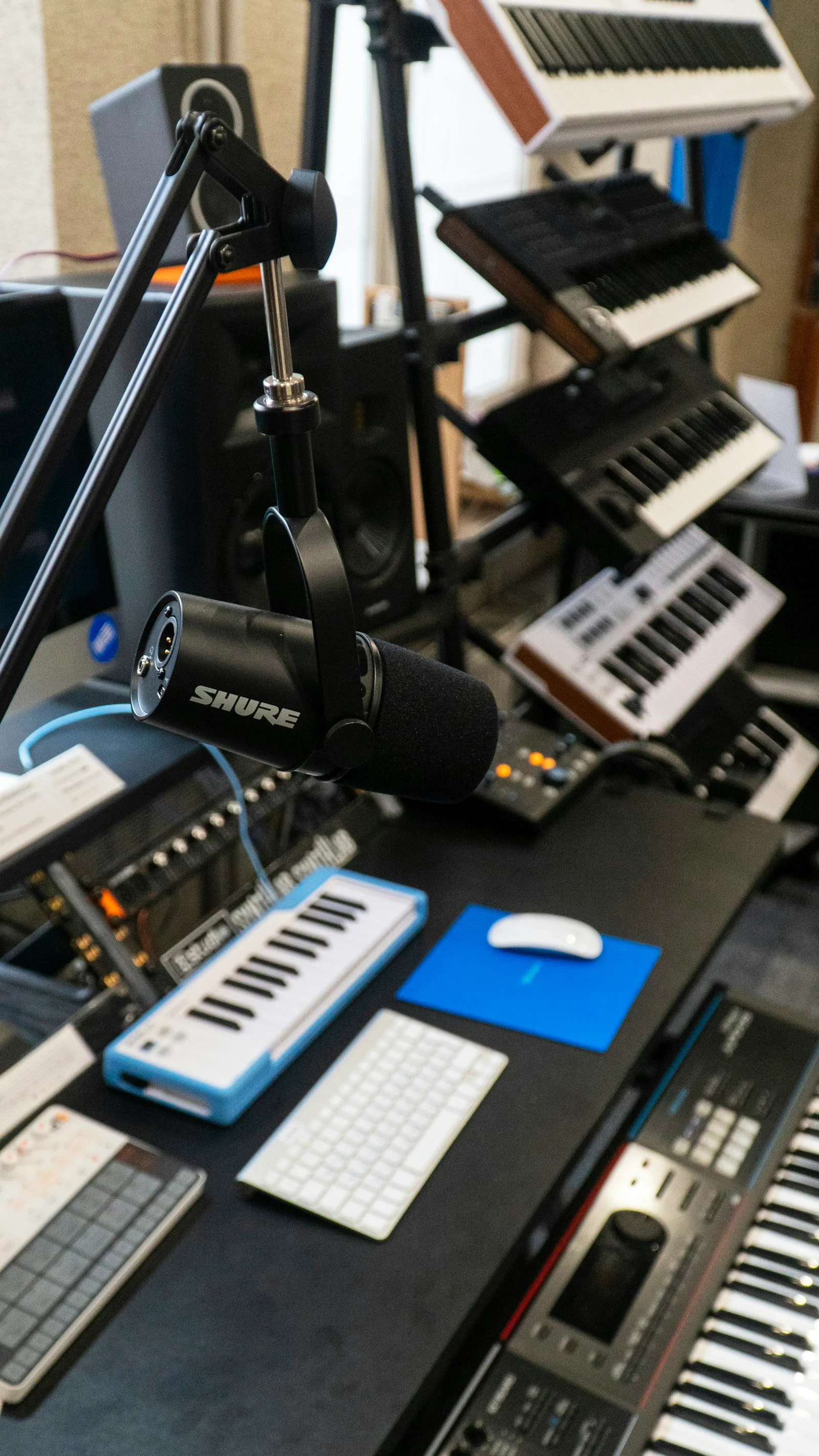 A microphone and keyboard in a recording studio in Riga, Latvia